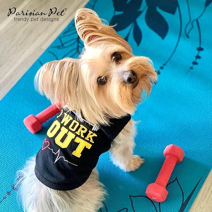 Parisian Pet Dog Tshirt - Embroidered “ I Work Out “ Dogs Apparel - 100% Cotton and Lightweight Dog Clothes - Sleeveless Black Doggy Tee Shirts - Machine Washable Shirts for Medium Dogs - Pet Vest - M