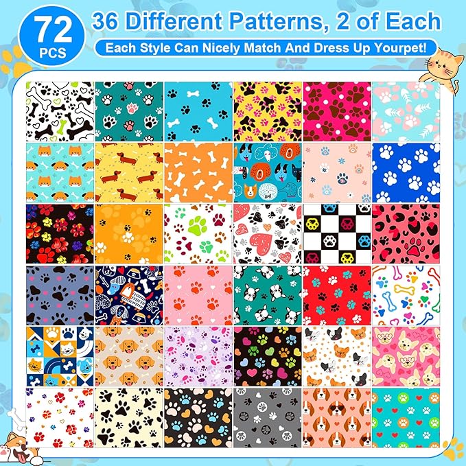 72 Pcs Dog Bandanas Bulk for Summer Adjustable Washable Pet Triangle Scarf Soft Kerchief Bib for Summer Holiday Pet Costume Accessories (Dog Paw Print)
