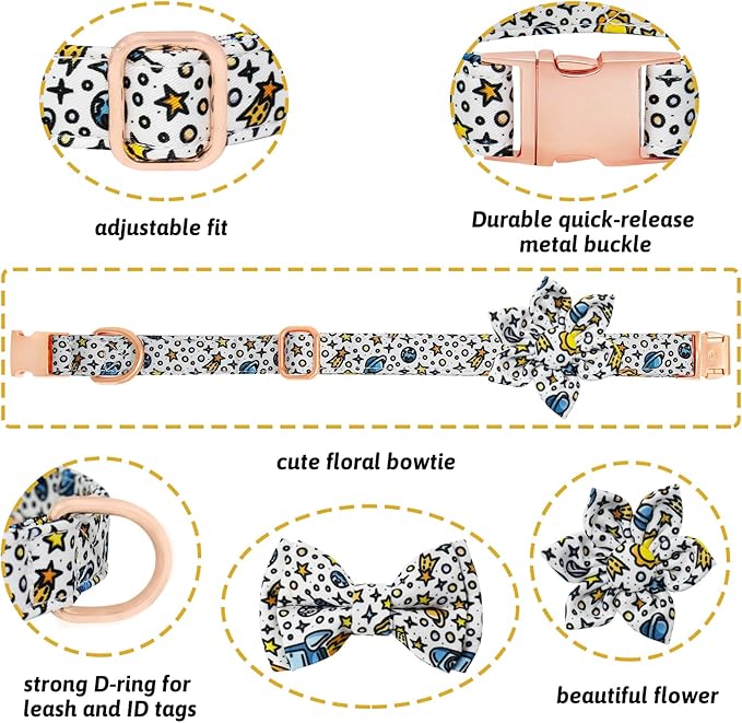 Dog Collar and Leash Set Girls Adjustable Puppy Collars with Floral Bow Tie for Small Medium Large Female Dogs, Solar System, M