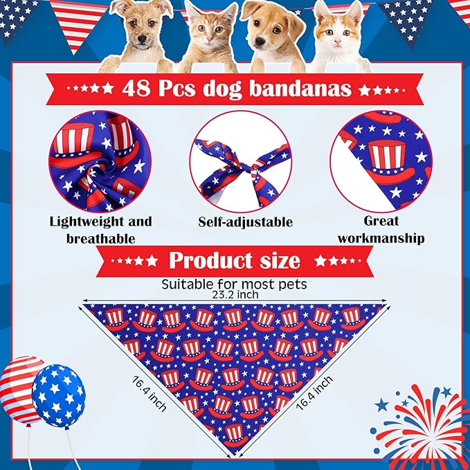 72 Pcs Dog Bandanas Tie Set 4th of July Independence Patriotic Bulks Pet Scarves with American Flag Pattern Adjustable Cute Dog Triangle Scarfs Neck Tie for Holiday Birthday Accessories