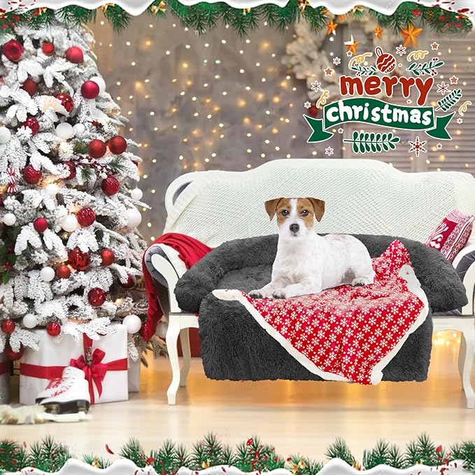 Calming Dog Bed Christmas Throw Blanket Fluffy Plush Dog Mat Furniture Protector Decoration Holiday Throw for Sofa Couch Cover for Large Medium Small Dogs Cats (Medium, Dark Grey)