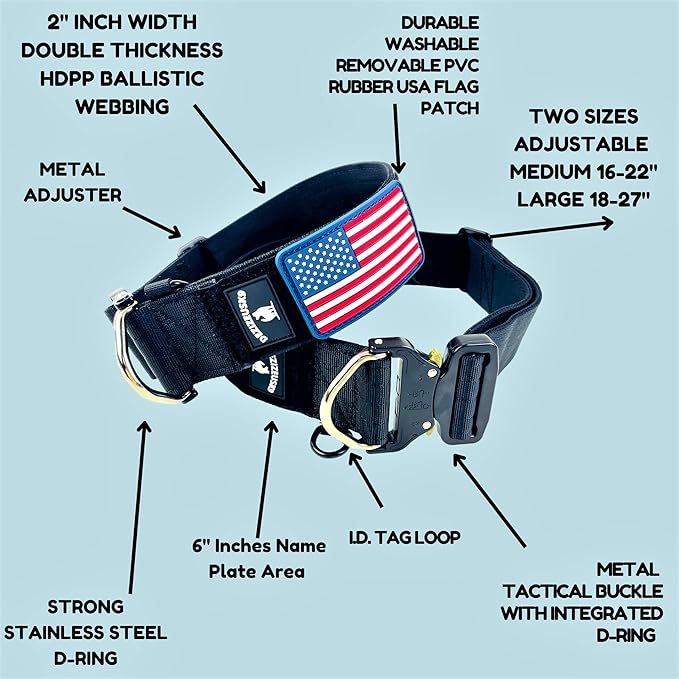 Tactical Dog Collar 2 Inch Wide Thick Heavy Duty Military Style with Metal Buckle, Adjustable for Medium - Large Breeds, Durable K9 Training Gear with Patch Area, USA Flag Patch, Strong and Secure Fit