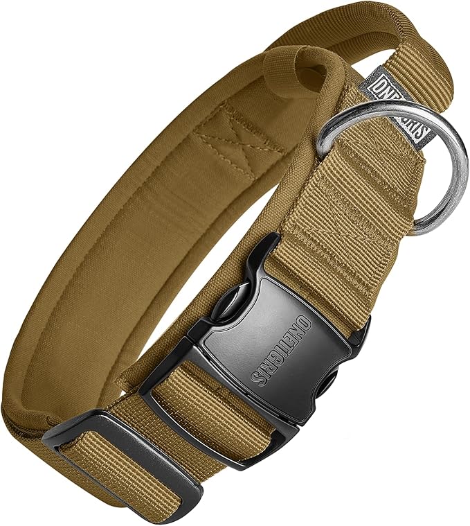 OneTigris Tough Dog Collars, Tactical Dog Collar with Handle, Milltary Adjustable Dog Collar with Heavy Duty Metal Buckle for Training (Medium (Pack of 1), Brown)