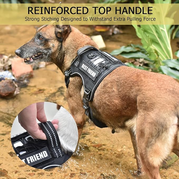 PET MARVEL Tactical Dog Harness for Large Size, No Pull Military Dog Vest with Easy Control Handle, Molle Hoop & Loop, Adjustable Reflective Reinforced Stich for Walking Training, Black