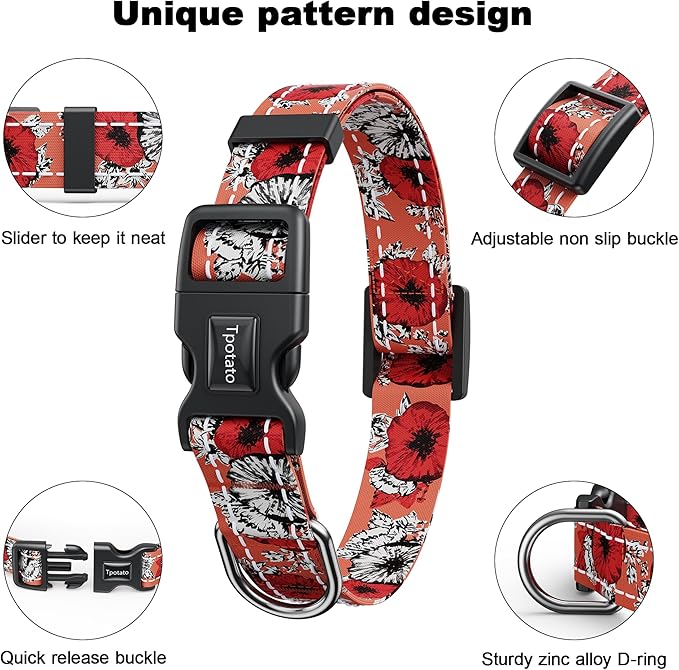 Tpotato Reflective Combination Pattern Girl Dog Collar for Puppy Small Medium Large Breed Dogs,Female Cute Floral Designer Dog Collars,Adjustable Soft Nylon Pet Collar,Quick Release Dog Collar L
