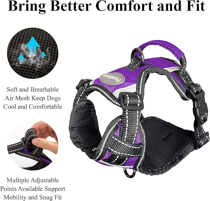 No Pull Dog Harness, Reflective Walking Dog Harness with Easy Control Handle and Front & Back Clips,Adjustable Breathable Soft Padded Dog Vest Harness for Large Medium Small Dogs,Purple,S