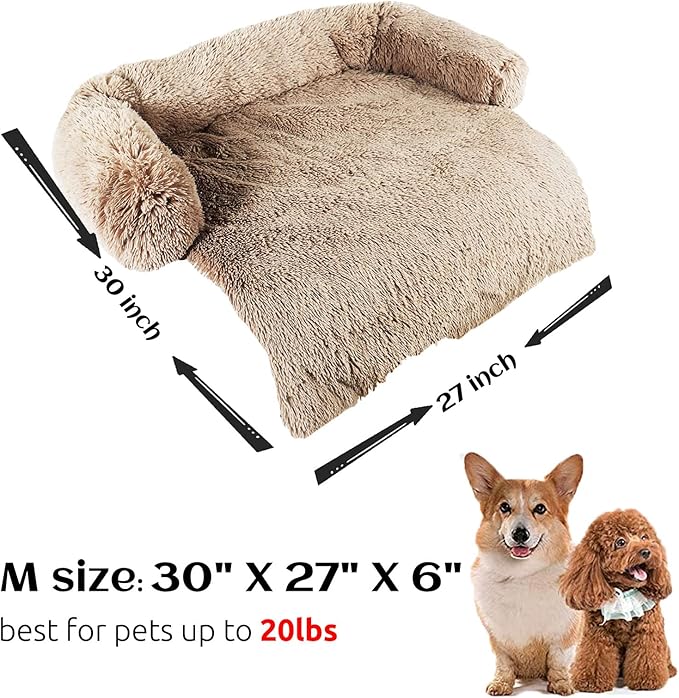 HACHIKITTY Calming Pet Sofa Bed Mat, Washable Plush Couch Cover, Furniture Protector for Dogs and Cats, Fluffy Dog Couch Bed with Anti-Slip Bottom (30"x 27"x 6", Camel)