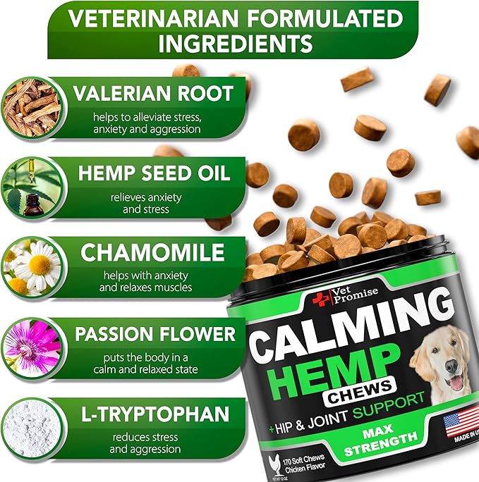 Vet Promise Hemp Calming Chews for Dogs Anxiety - Advanced Dog Calming Chews - 170 Treats - Dog Anxiety Relief with Hemp Oil - Hip and Joint Supplement Health Support for Dogs - Made in USA