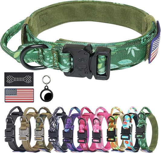 Hotsky Tactical Dog Collar, Adjustable Military Training Nylon Airtag Collar with Handle and Heavy Duty Metal Buckle for Medium Large Dogs, with Airtag Holder and Two Patches（Leaves,XL）
