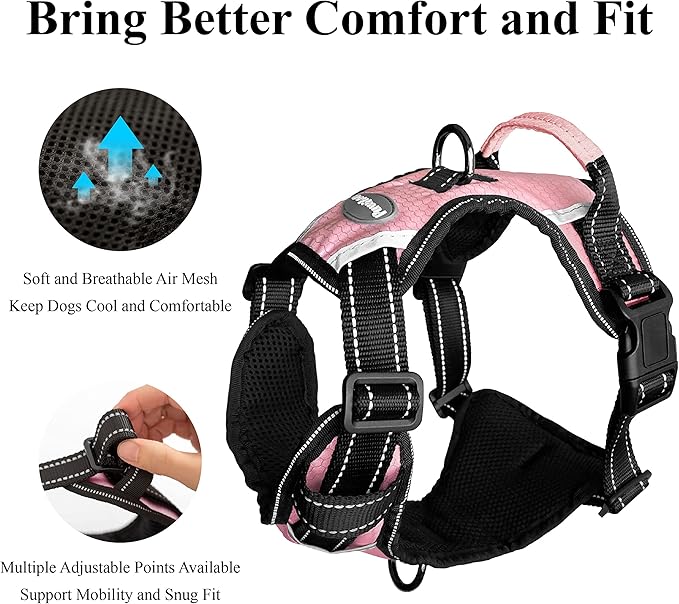 No Pull Dog Harness, Reflective Walking Dog Harness with Easy Control Handle and Front & Back Clips,Adjustable Breathable Soft Padded Dog Vest Harness for Large Medium Small DogsPink,M