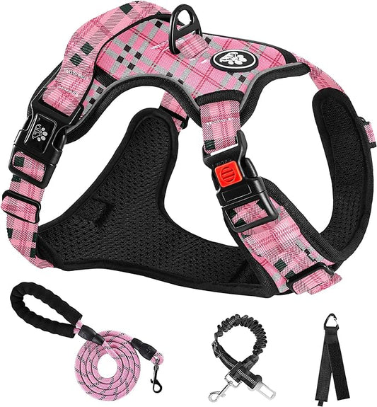 NESTROAD No Pull Dog Harness with Leash, Reflective No Choke Pet Vest Harness,Adjustable Soft Padded Dog Harness with Easy Control Handle for Large Dogs(Checkered Pink,Large)