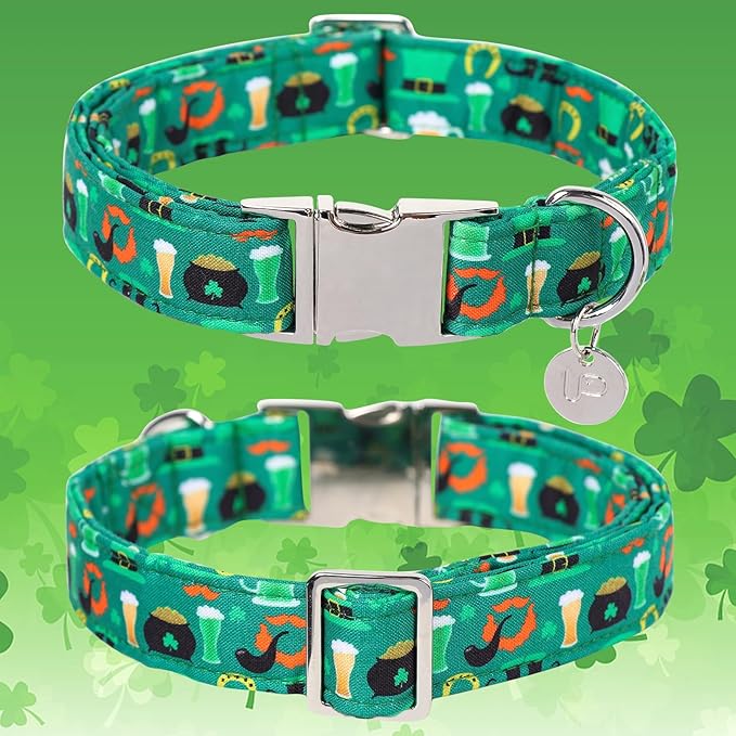 St. Patrick's Dog Collar, Cotton St. Patricks Clover Collar for Puppy Girl Boy Dog or Cat, Lucky Shamrock Dog Collar with Metal Buckle, Green, Spring, XL