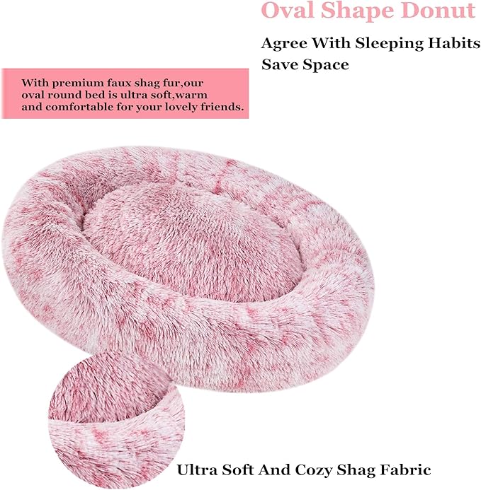 Coohom Oval Calming Donut Cuddler Dog Bed,Shag Faux Fur Cat Bed Washable Round Pillow Pet Bed(30"/36"/43") for Small Medium Dogs (XL(36"x27"x7"), Red)
