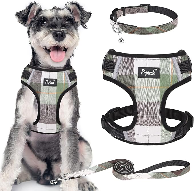 PUPTECK Dog Harness and Leash Collar Set for Small Medium Dogs Puppy and Cats Walking No Pull Adjustable Reflective Soft Mesh Padded Plaid Harnesses Pet Accessories, Green, L