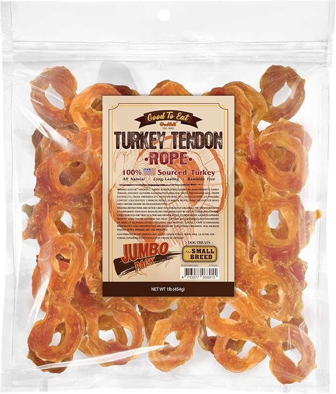 Gootoe Turkey Tendon Dog Treats, Rope (S) 1 lb, 100% USA-Sourced Turkey, Natural Snack, Premium Puppy Chews, Hypoallergenic, Reseal Value Bags, Size for Small Dogs