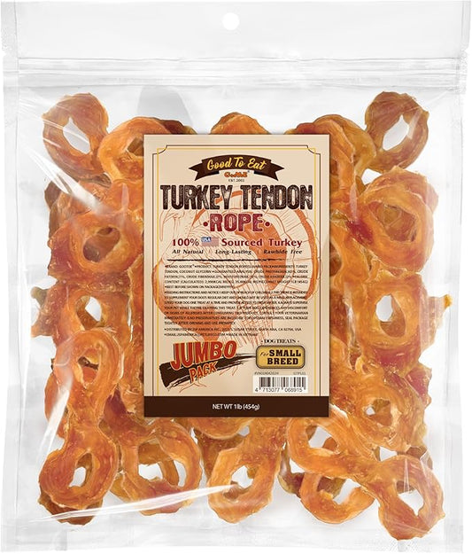 Gootoe Turkey Tendon Dog Treats, Rope (S) 1 lb, 100% USA-Sourced Turkey, Natural Snack, Premium Puppy Chews, Hypoallergenic, Reseal Value Bags, Size for Small Dogs