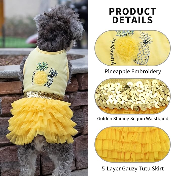 KYEESE Dog Dress Pineapple Yellow Tiered Dogs Beach Dresses with Sequins for Small Dogs Spring Summer