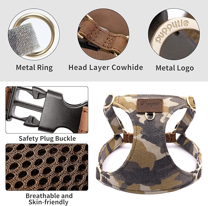 Puppytie Dog Harness & Multi-Function Leash Set for Medium Dogs (16lb-35lb), Camouflage Brown, M, No Pull, Easy Walk, Adjustable, Soft Dog Vest Harness, Fashionable Dog Accessories