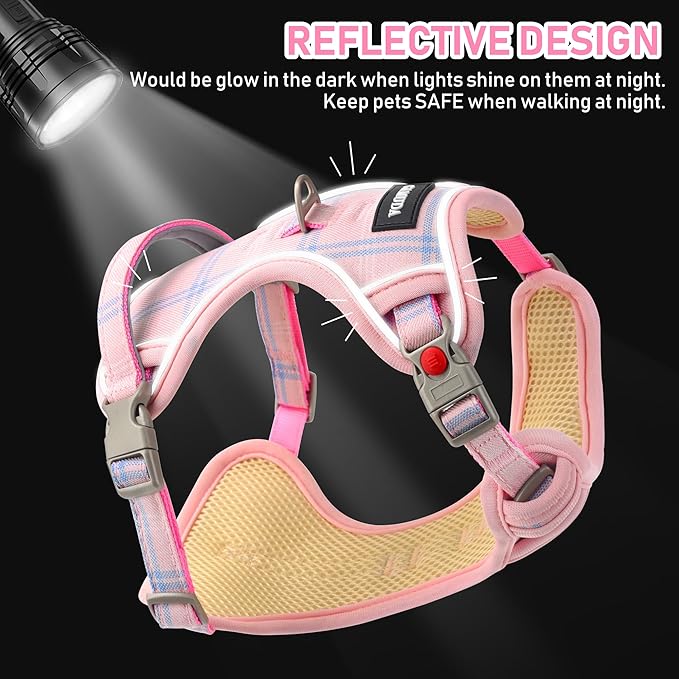 GAMUDA Dog Harness Collar and Leash Set, Dog Harness, No Chock No Pull Adjustable Vest Harnesses Plaid Reflective for Medium Dog, Cat, Small Horse, Small Bull and Pig (Pink, XL)