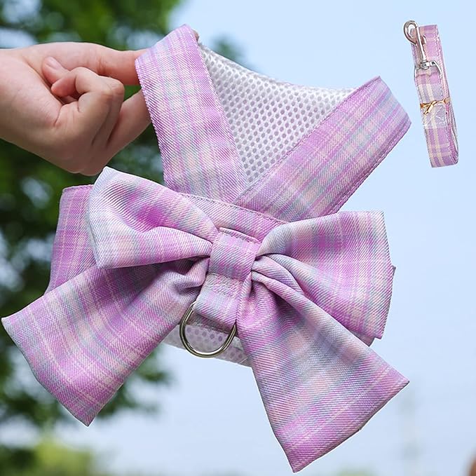 Dog Harness and Leash Set, Cute Bow Tie Plaid Harnesses for Puppy Cat, Adjustable Pet Kitties Vest, Breathable Harness Traction Rope for Boy Girl Small Animal(Harness Light Pink,S for 3.3-5.5lbs Dog)