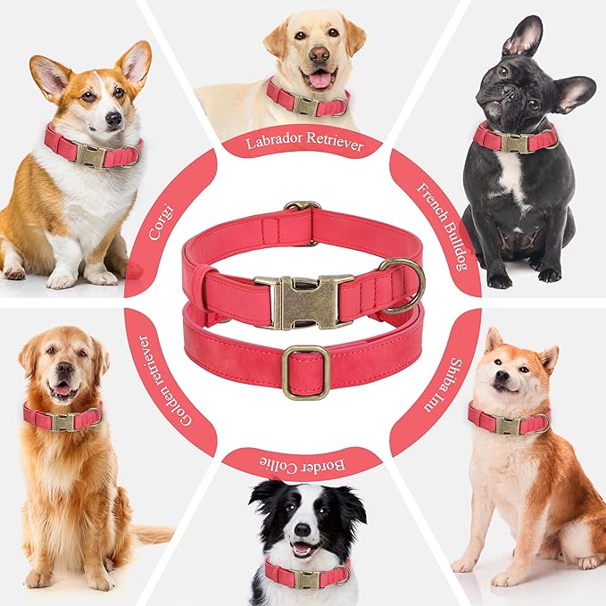 Soft Leather Dog Collar for Small Medium Large Dogs, Heavy Duty Dog Collar Leather with Quick Release Metal Buckle, Durable & Adjustable for Large Dogs Walking (Red, L)