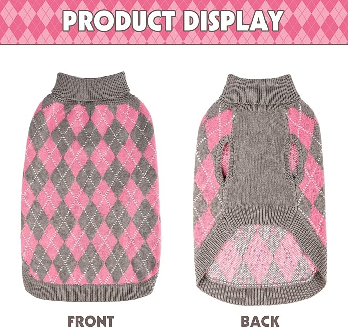 PAWCHIE Classic Dog Sweater Knit Turtleneck, Plaid Knitwear Sweaters, Warm Clothes for Medium Dogs