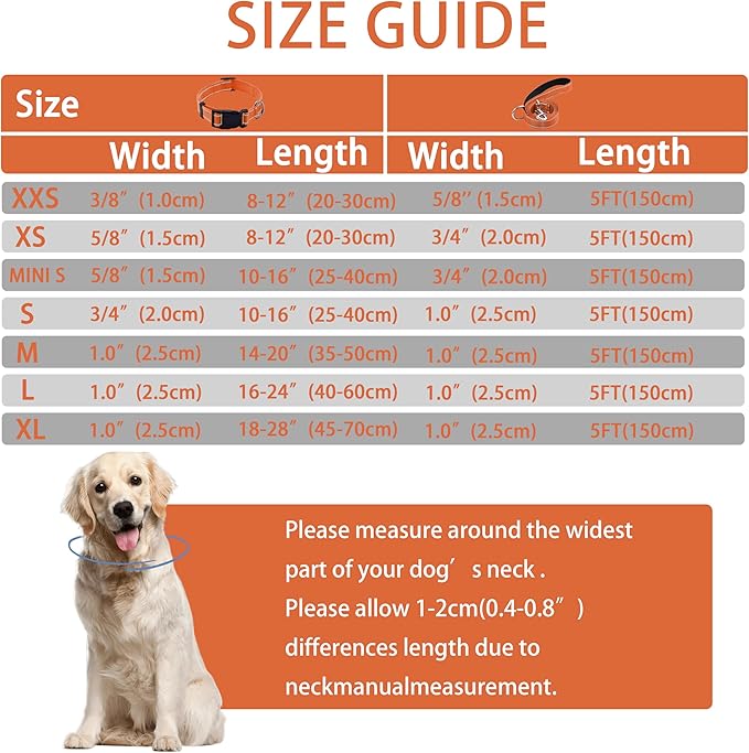 Reflective Dog Collar with Safety Locking Buckle, Adjustable Soft Breathable Nylon Collars for Small, Medium and Large Dogs(Collar+Leash XS Width 3/8" Orange)
