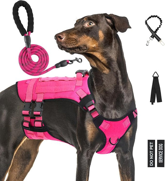 No Pull Tactical Dog Harness for Large Dogs, Escape Proof Molle Dog Vest Harness and Leash Set, Adjustable Military Service Dog Harness with Handle for Medium Large Dogs(Pink, L)