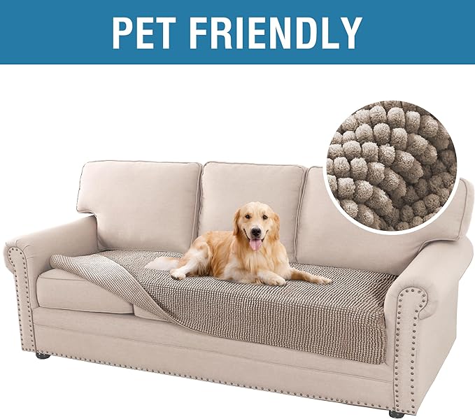 H.VERSAILTEX Plush Chenille Pet Couch Cover Thick Soft Sofa Cover for 3 Cushion Couch Anti Slip Couch Cover Furniture Protector for Dog, Pet, Cat (35" x 74", Taupe)