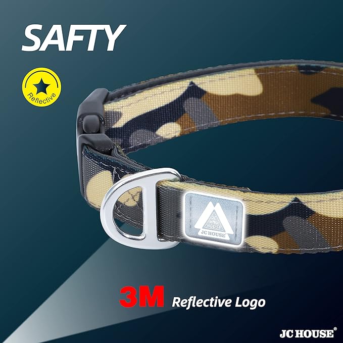 Soft Padded Dog Collar, Neck 12’’-20’’, Adjustable Heavy Duty Collar with 3M Reflective Logo for Medium, Large Dogs, Camo Green, M