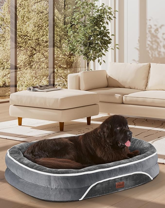 OhGeni Orthopedic Big Dog Couch XX-Large Sized Pet Beds for Fathers Gifts with Comfort Foam Support, Soft Indestructible Fabric, Machine Washable Waterproof Removable Cover, 48-Inch (Gray)