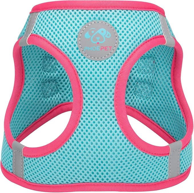 PHOEPET Step-in Dog Harness,Reflective Adjustable Dog Vest Harness, Soft Pet Walking Jacket with 2 Metal Leash Hooks for Dog and Cat(Mint Green Base & Pink Straps,L)