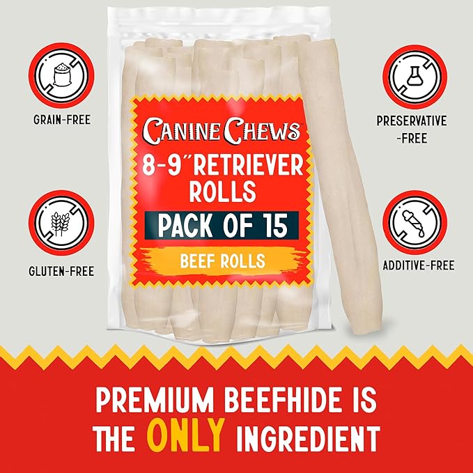 Canine Chews 8-9" Rawhide Retriever Rolls (15 pk) - Rawhide Bones for Large Dogs - 100% USA-Sourced Natural Beef Rawhide Bones - Single Ingredient Dog Rawhide Chews - Dental Health Dog Rawhide Bones