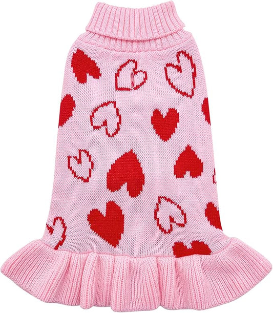 cyeollo Dog Sweater Dress Valentines Day Dog Clothes Knit Turtleneck with Leash Hole Heart Pattern Holiday Theme Female Pet Apparel for Small Dogs Cats