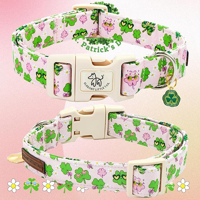 Elegant little tail St Patrick's Dog Collar-Cute Colver Cotton Shamrock Pet Collar Trefoil Pink Holiday Adjustable Cotton Pet Collar with Quick Release Buckle for Small Medium Large Dogs