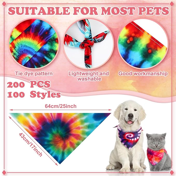 50 Pcs Dog Bandanas Bulk Pet Bibs Colorful Triangle Scarf Pet Bandanas for Medium Large Dogs Spring Summer Birthday Costume Decoration (Tie Dye)