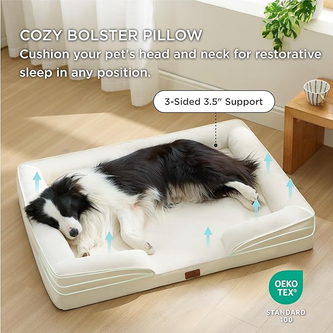 Bedsure Orthopedic Dog Beds Large Sized Dog - Washable Large Dogs Bed Waterproof, Big Comfort Pet Couch with Washable Removable Cover, Supportive Foam Pets Sofa with Nonskid Bottom, Ivory