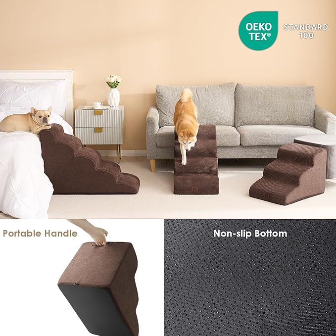 EHEYCIGA Curved Dog Stairs Ramp for High Beds 22.6" H, 5-Step Dog Steps for Small Dogs and Cats, Pet Stairs for High Bed Climbing, Non-Slip Balanced Pet Step Indoor, Brown