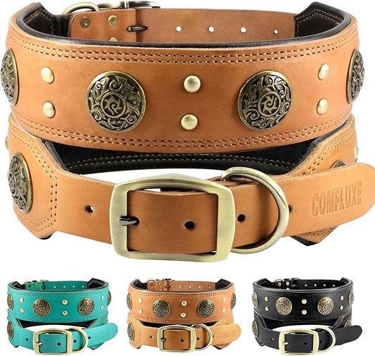Leather Dog Collar for Large Dogs, 2" Wide Durable Thick Strong Genuine Leather Spike Dog Collar with Metal Buckle, Padded Collar with Studded Design for Large & XL Breeds (Orange,L,XL)