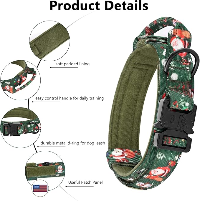 DAGANXI Tactical Dog Collar, Adjustable Military Training Nylon Dog Collar with Control Handle and Heavy Metal Buckle for Medium and Large Dogs, with Patches and Airtags Case (L, Christmas Green-Set)