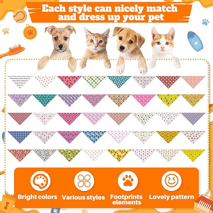 Sanwuta 120 Pcs Paw Print Dog Bandanas Bulk Pet Scarves Adjustable Soft Cute Dog Triangle Scarfs for Medium Small Dogs Cats Large Puppy