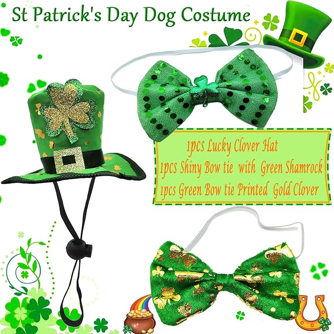 3PCS St Patrick's Day Pet Costume, St. Patty's Day Dog Top Hat Green Shamrock Bow Tie Doggie Collar Set for Large Dogs Puppy Outfit Cats Kitty Funny Irish Dog Clothe Accessories
