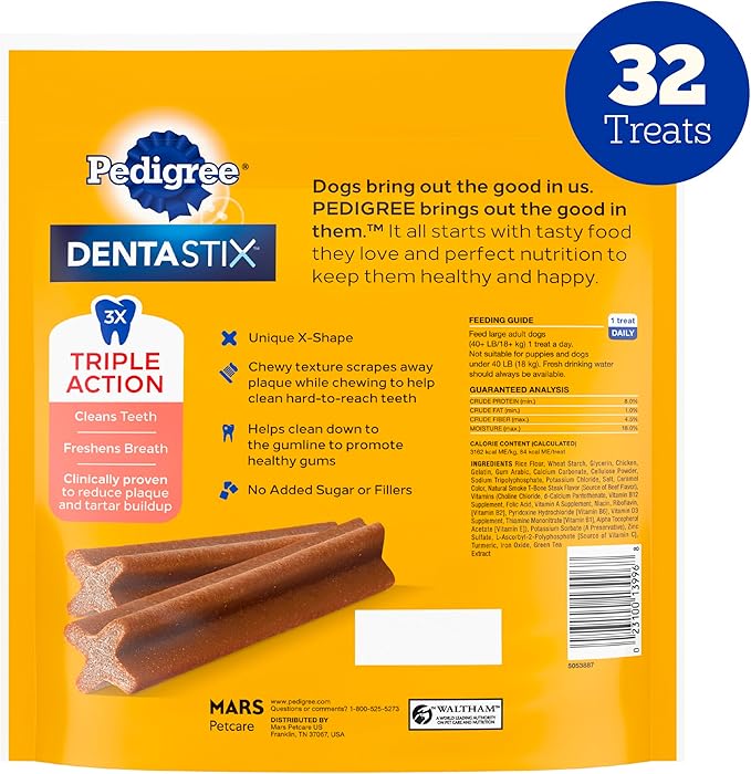 Pedigree Dentastix Large Dog Dental Treats Beef Flavor Dental Bones, 1.67 lb. Pack (32 Treats)