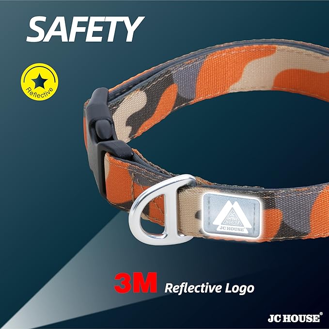 Soft Padded Dog Collar, Neck 9’’-14’’, Adjustable Heavy Duty Collar with 3M Reflective Logo for Small Dogs, Camo Orange, S