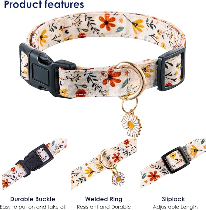 Cute Dog Collar Beige Flower Pattern for Boys and Girls Holiday Dog Collars Summer Fall Gift Adjustable for Medium to X-Large Breed Dogs (L)