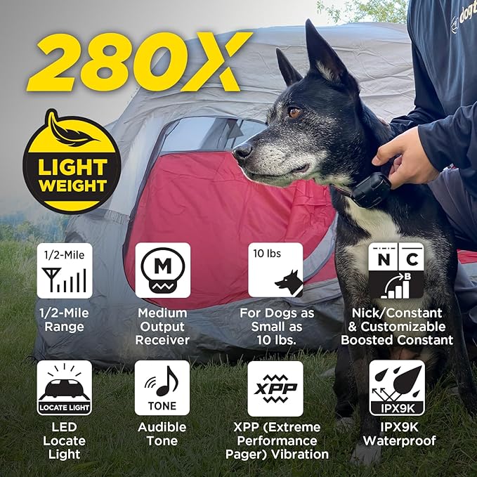 Dogtra 280X E-Collar with Remote [New Edition] 10 lbs+, 1/2 Mile Range, LED Light, 100 Levels of Precise Control for Stubborn Dogs, Waterproof, Boost for Quick Recall, Vibration, Safety Lock & Tone
