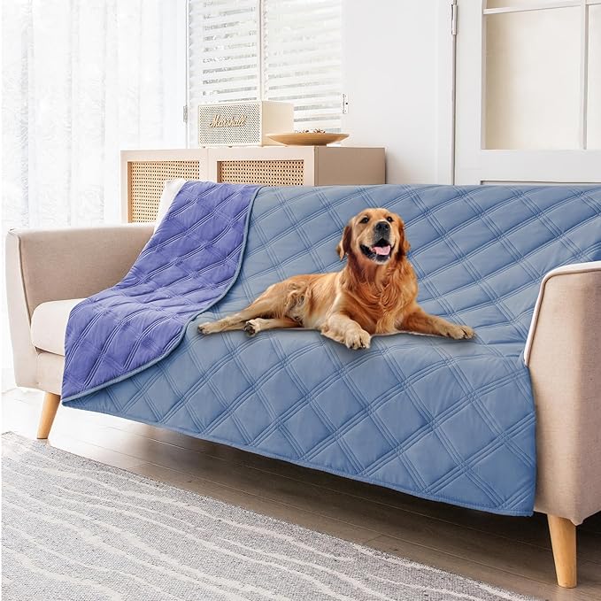 fuguitex Waterproof Dog Blanket Reversible for Small Dogs Resistant Leakproof Washable Couch Cushion Bed Protector Cover for Indoor Furniture Pet Friendly(30"*70",Violet Blue+ Light Blue)