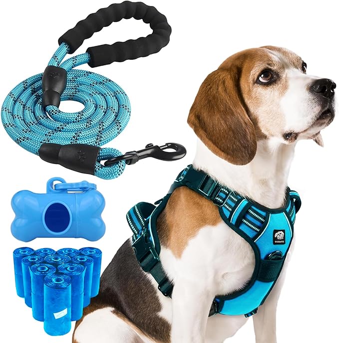 Dog Harness and Leash Set - No Pull Vest & Reflective Leash with Foam Handle, Adjustable Oxford Halter, for Walking & Training - Includes 150 Poop Bags & Bone-Shaped Dispenser - Blue, XL