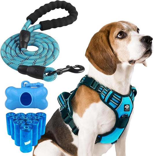 Dog Harness and Leash Set - No Pull Vest & Reflective Leash with Foam Handle, Adjustable Oxford Halter, for Walking & Training - Includes 150 Poop Bags & Bone-Shaped Dispenser - Blue, S