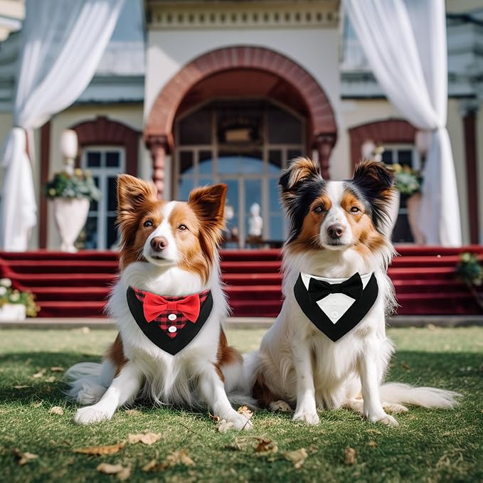 Cyeollo 2pack Dog Tuxedo Bandanas, Red Plaid & Black Plaid Dog Tux with Bowtie Adjustable Wedding Collar Pet Party Tux Bandana Christmas Costume XS